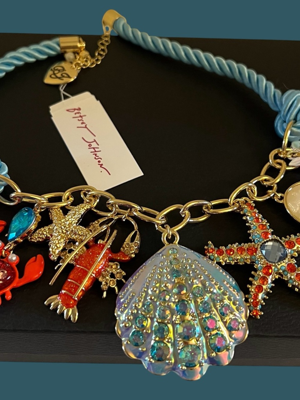 Betsey Johnson Blue Rope Necklace with Coral, Red and Iridescent Sea Charms - Picture 2 of 16